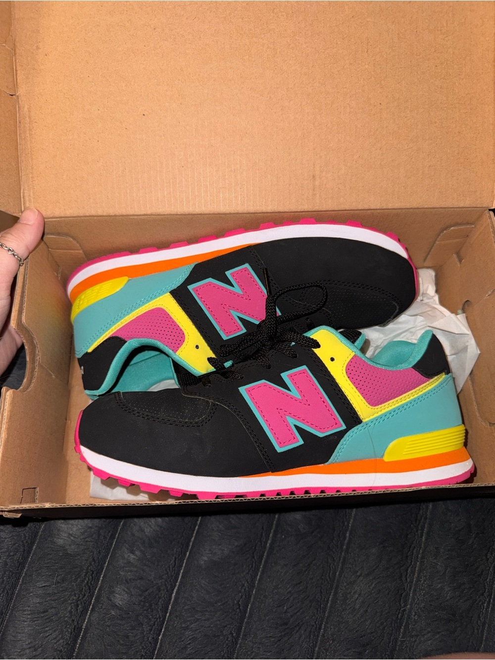 New Balance Kids Black Sneakers with Pink, Teal & Yellow Accents